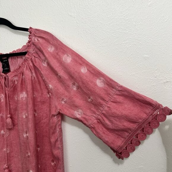 Ali Miles Pink Embroidered Linen Tunic Top Blouse 3/4 Flared Sleeves Size XL - Picture 3 of 10